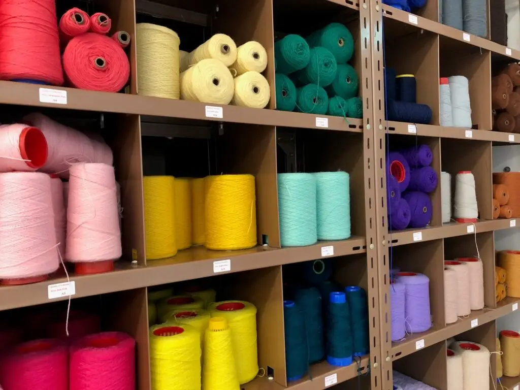 Shelves of large spools of beautifully coloured yarns