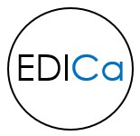 Logo of EDI Caucus. A black circle with black uppercase EDI then blue C A.