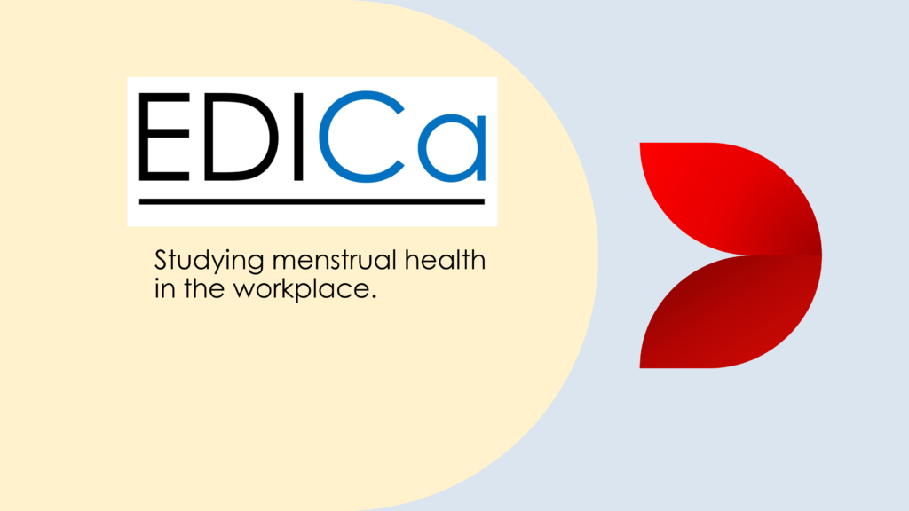 Poster showing EDICa logo and a sideways red tulip graphic. Subtext "Studying menstrual health in the workplace"