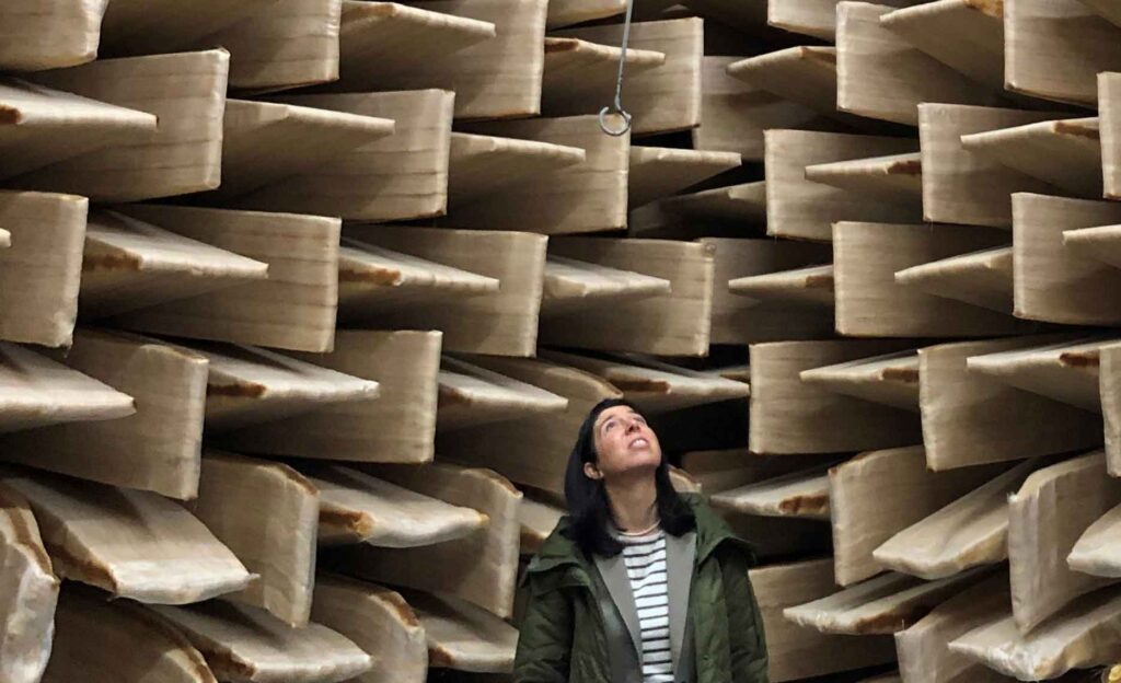 white woman stands in an anechoic chamber looking up. The chamber has wedges of foam alternating between vertical and horizontal.