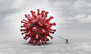 Graphic of a giant red covid virus lassoed to a small figure trying to run across a grey flat landscape.