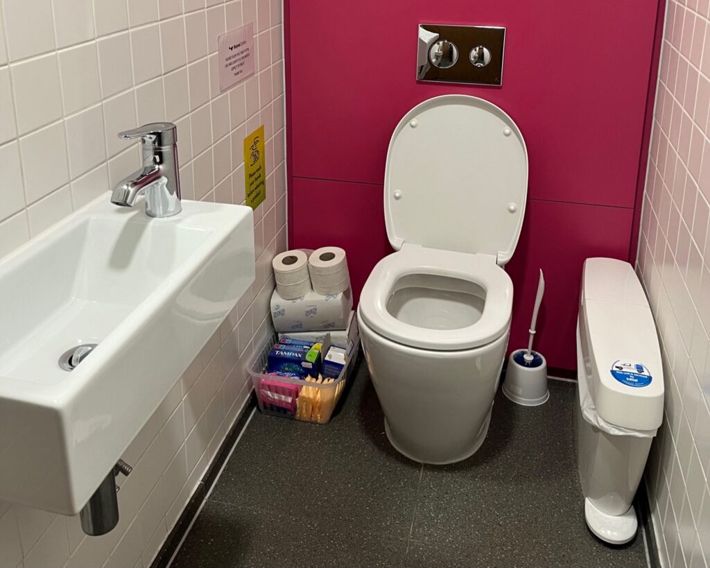 Unisex toilet containing tampons and pads in a basket, bin, and small sink. The back wall is a fuchsia pink.